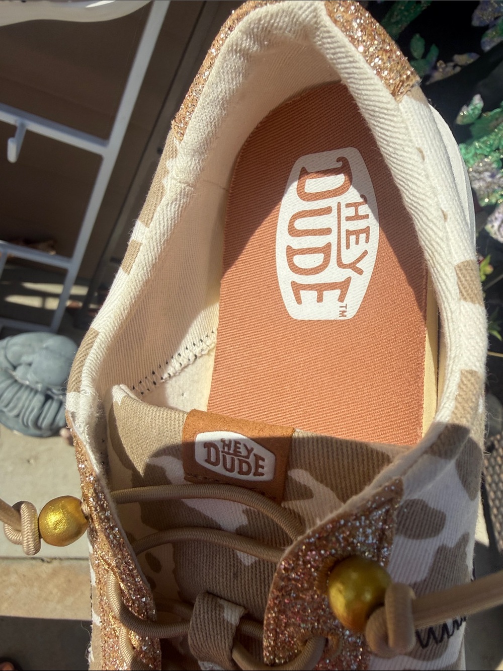Hey Dude NEW Festival Women's Tan Beige Camo Sneakers with Gold Glitter Trim 10 - Picture 5 of 13